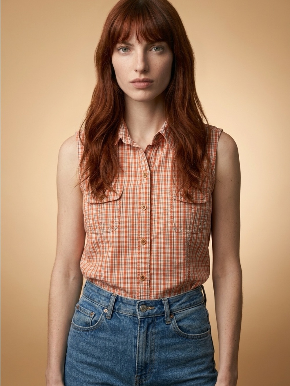 Eddie Bauer Y2K Orange Plaid Cottagecore Sleeveless Button-Down Shirt